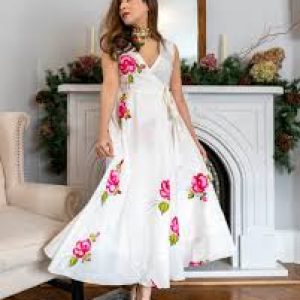 Women’s Elegant White V-Neck Maxi Dress with Vibrant Pink Floral Embroidery