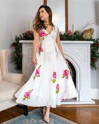 Women's Elegant White V-Neck Maxi Dress with Vibrant Pink Floral Embroidery