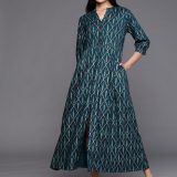 Libas Blue Printed Rayon Fit and Flared Dress