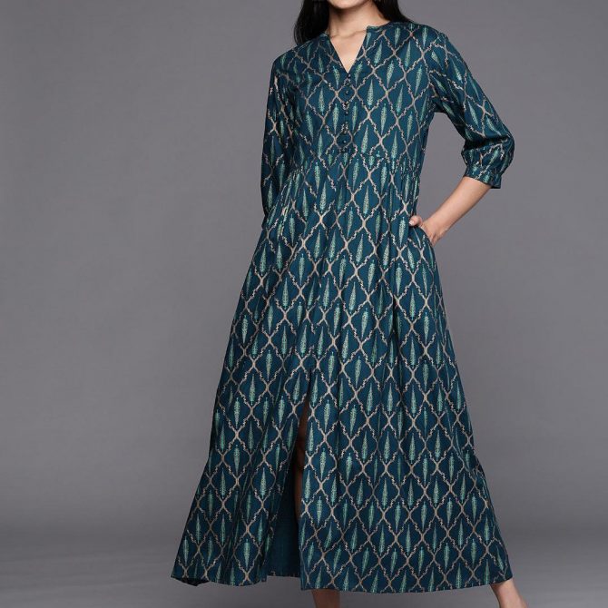 Libas Blue Printed Rayon Fit and Flared Dress