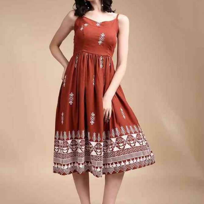 Rust Brown & White Embroidered/Printed A-Line Midi Dress with Spaghetti Straps