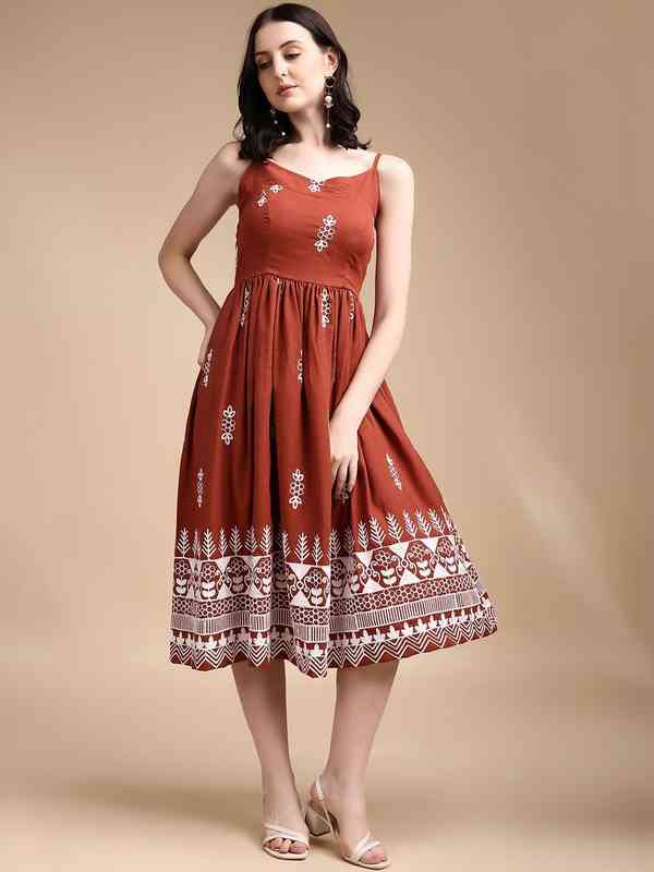 Rust Brown & White Embroidered/Printed A-Line Midi Dress with Spaghetti Straps