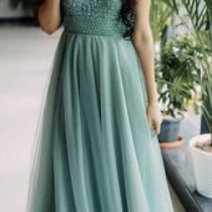 Elegant Dusty Sage Green Sleeveless Tulle Gown with Embellished Bodice