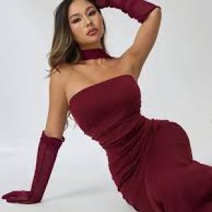 Burgundy Strapless Bodycon Maxi Dress with Choker and Gloves Set