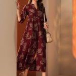 Libas Maroon Printed Silk Blend Fit and Flare One-Piece Dress