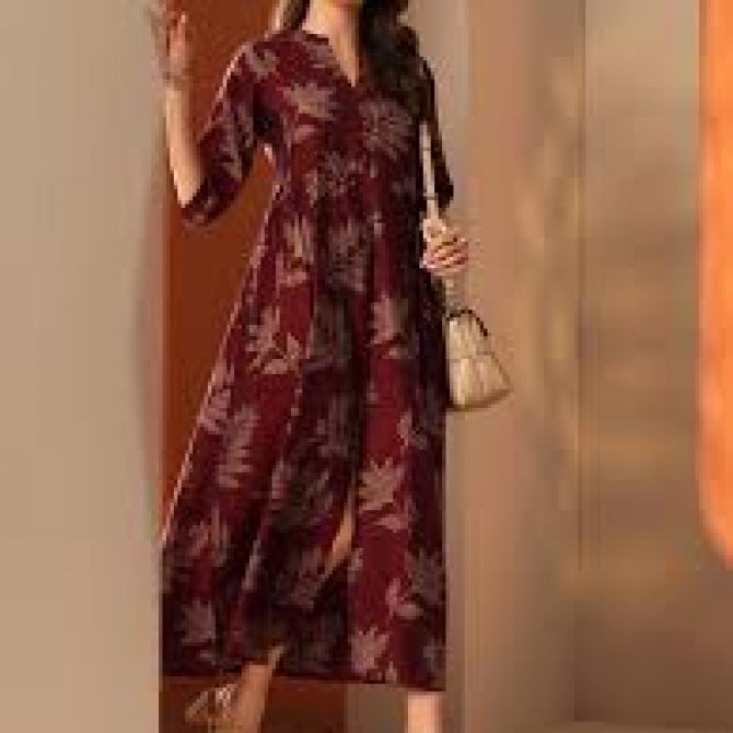 Libas Maroon Printed Silk Blend Fit and Flare One-Piece Dress
