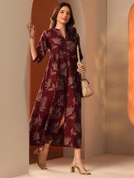 Libas Maroon Printed Silk Blend Fit and Flare One-Piece Dress