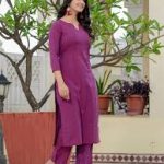 Elegant Women's Rayon Solid Wine Color 3/4 Sleeve Kurti with Pant Set