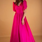 Women's Fuchsia Pink Smocked Square Neck Long Sleeve Maxi Dress