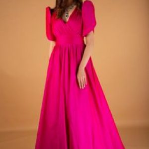 Women’s Fuchsia Pink Smocked Square Neck Long Sleeve Maxi Dress