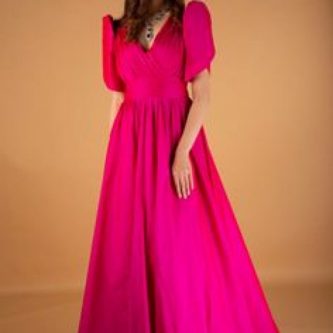 Women's Fuchsia Pink Smocked Square Neck Long Sleeve Maxi Dress