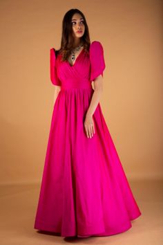 Women's Fuchsia Pink Smocked Square Neck Long Sleeve Maxi Dress