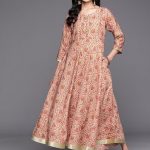 Libas Women's Peach Printed Silk Fit and Flare Maxi Dress