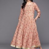 Libas Women's Peach Printed Silk Fit and Flare Maxi Dress