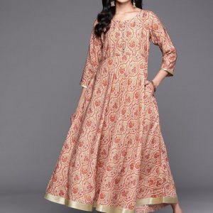 Libas Women’s Peach Printed Silk Fit and Flare Maxi Dress