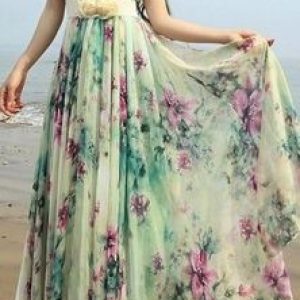 Women’s Elegant Floral Print Sleeveless Chiffon Maxi Dress with Belt