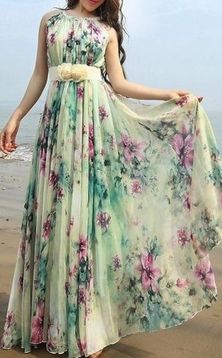 Women's Elegant Floral Print Sleeveless Chiffon Maxi Dress with Belt