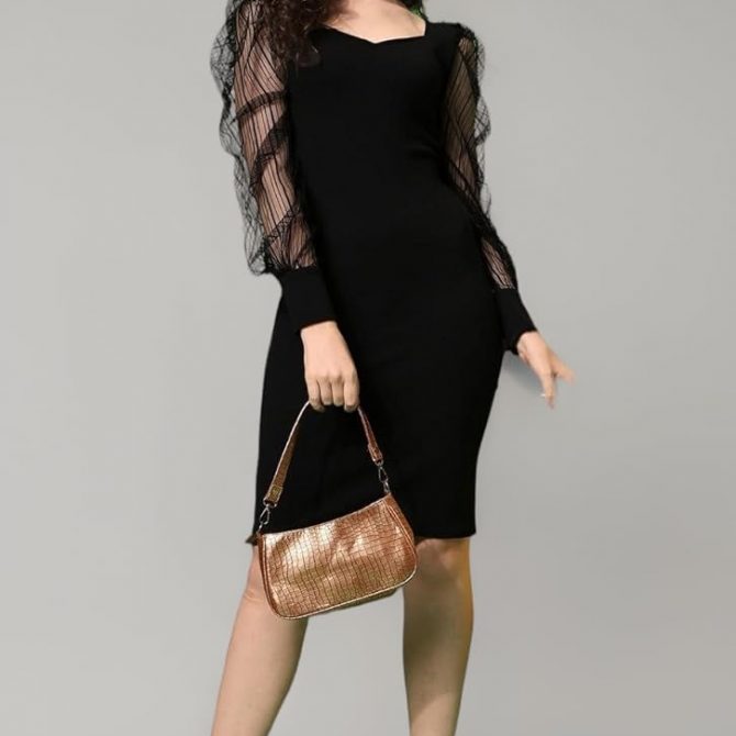 Black Sheer Mesh Puff Sleeve Bodycon Mini Dress