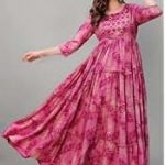 Lavandis Women's Printed Rayon Anarkali Kurta - Pink, 3/4 Sleeves, Round Neck