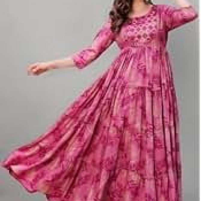 Lavandis Women's Printed Rayon Anarkali Kurta - Pink, 3/4 Sleeves, Round Neck