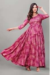 Lavandis Women's Printed Rayon Anarkali Kurta - Pink, 3/4 Sleeves, Round Neck