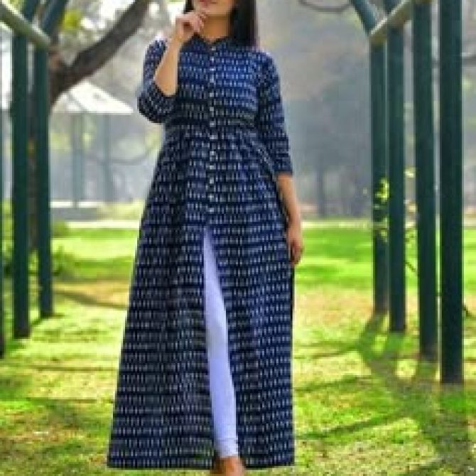 "Women's Blue & White Ikat Print Anarkali Kurta with Front Slit & Mandarin Collar"