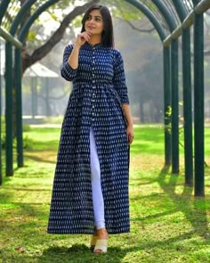 "Women's Blue & White Ikat Print Anarkali Kurta with Front Slit & Mandarin Collar"