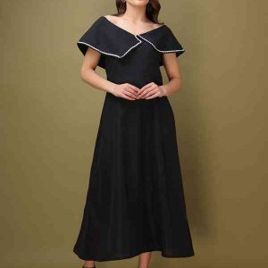 Elegant Black Off-Shoulder A-Line Midi Dress with Ruffled Collar