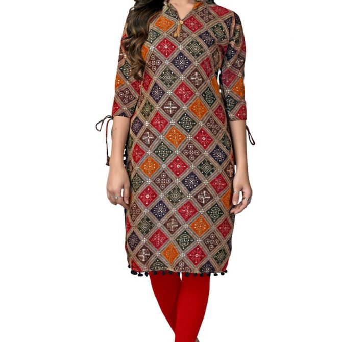 Women's Multicolor Geometric & Bandhani Print Rayon Straight Kurti