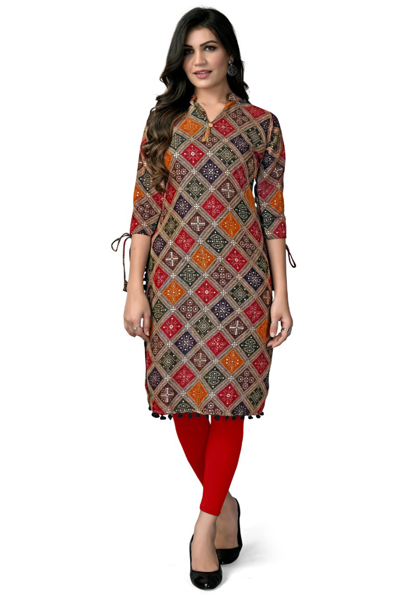 Women's Multicolor Geometric & Bandhani Print Rayon Straight Kurti