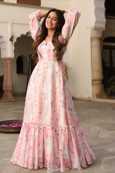 Elegant Pink Floral Print Tiered Maxi Dress for Women
