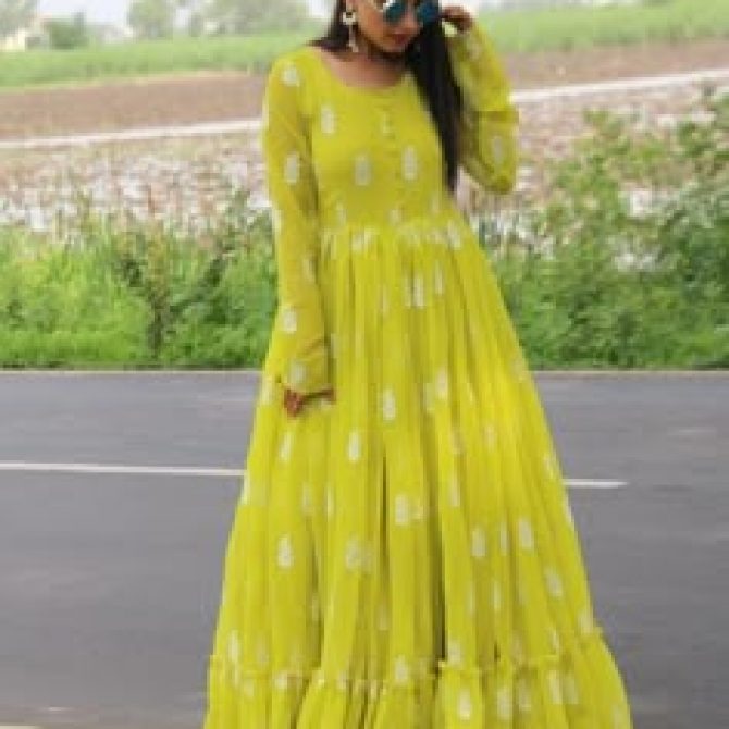 Yellow Georgette Anarkali Gown with Ruffle Hem & Full Sleeves