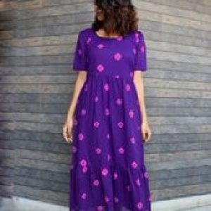 Purple Floral Print Gathered Waist Midi Dress