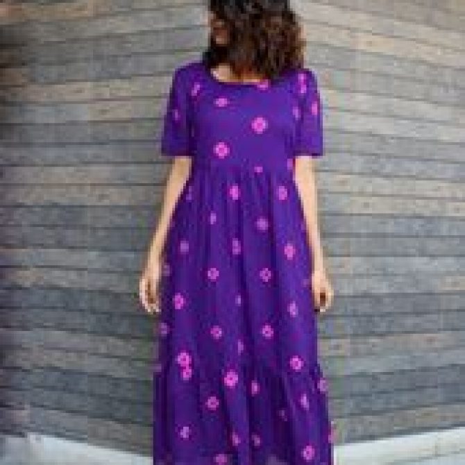 Purple Floral Print Gathered Waist Midi Dress