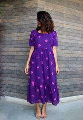 Purple Floral Print Gathered Waist Midi Dress
