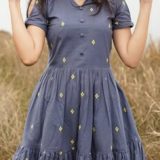 Women's Grey Cotton Tiered Frock Dress with Embroidered Details