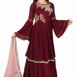 Maroon Georgette Embroidered Anarkali Style Lehenga Choli with Pink Dupatta