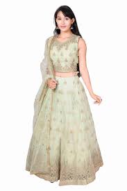 Women's Light Green Embroidered Net Lehenga Choli with Dupatta