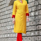 Stylish Yellow Rayon Straight Kurti with Contrast Red Accents