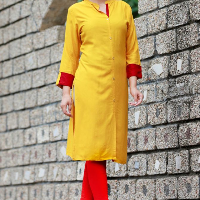 Stylish Yellow Rayon Straight Kurti with Contrast Red Accents
