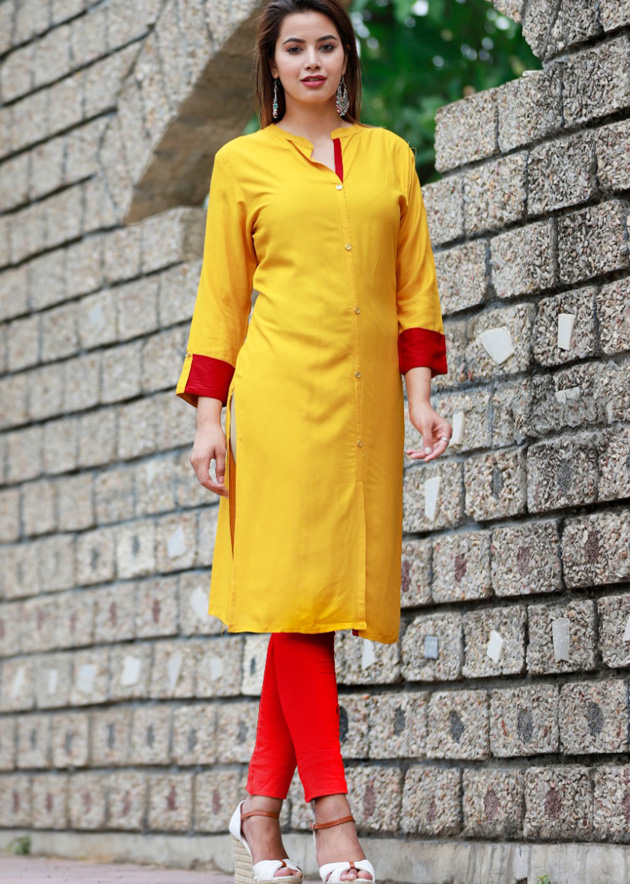 Stylish Yellow Rayon Straight Kurti with Contrast Red Accents