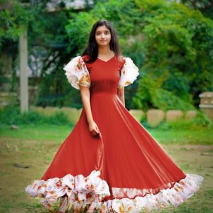Women’s Elegant Red Georgette A-Line Gown with Floral Ruffle Details