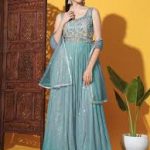 Women's Sky Blue Sequined Georgette Anarkali Suit with Dupatta