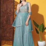 Women's Sky Blue Sequined Georgette Anarkali Suit with Dupatta