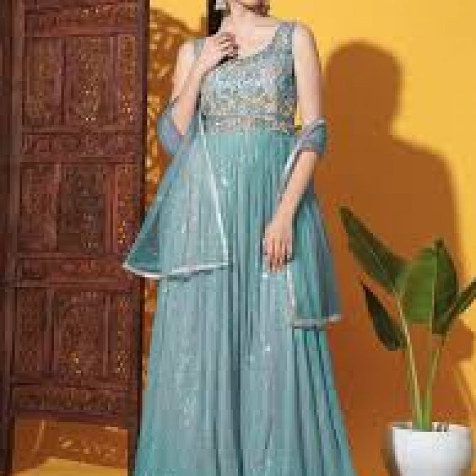 Women's Sky Blue Sequined Georgette Anarkali Suit with Dupatta