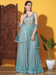 Women's Sky Blue Sequined Georgette Anarkali Suit with Dupatta