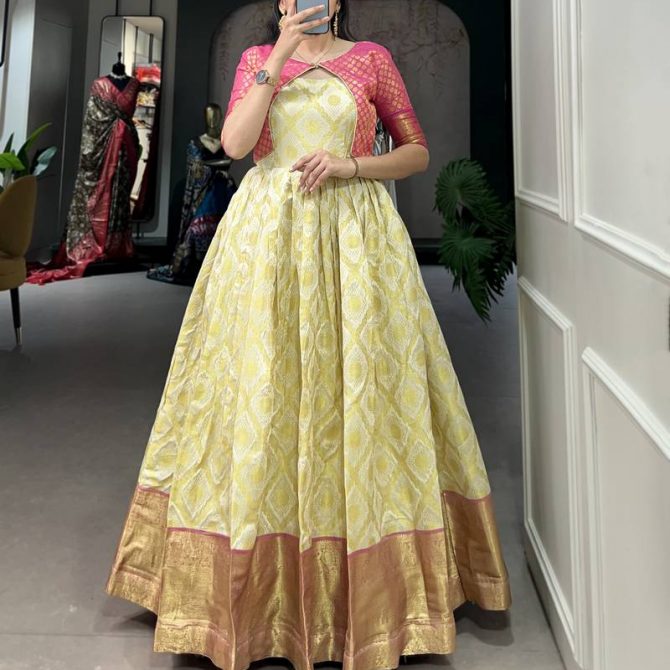 Latest Silk Jacquard Gown with Zari Weaving Work | Ready To Wear