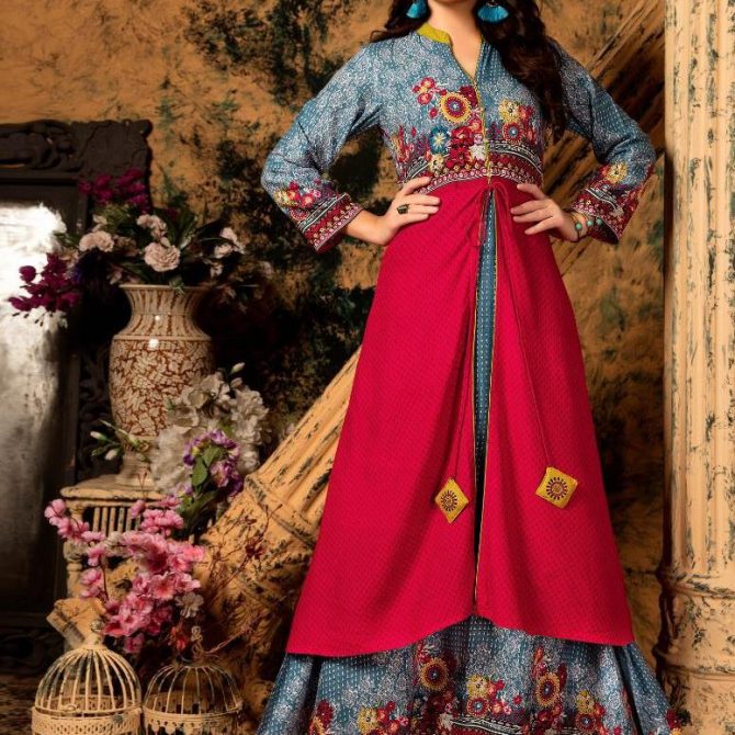 Women's Stylish Blue & Magenta Printed Double-Layered Anarkali Gown