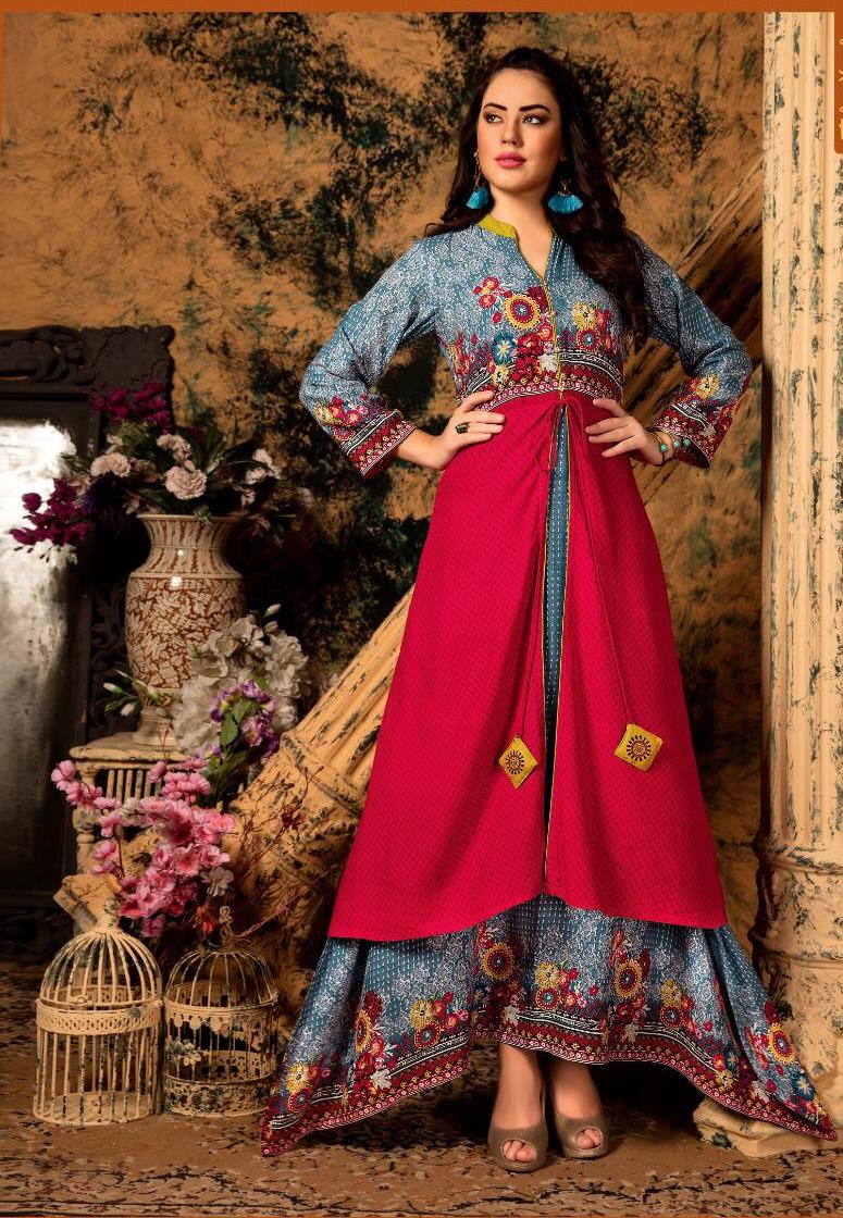 Women's Stylish Blue & Magenta Printed Double-Layered Anarkali Gown