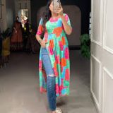 Vibrant Multicolor Printed Rayon Cotton Nayra Cut Kurti with Drawstring Tassels